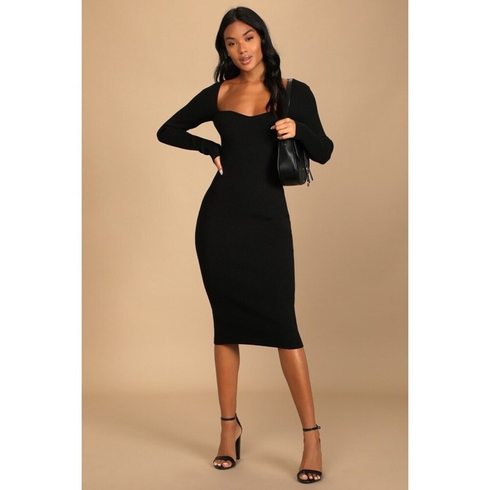 Lulus Fall Feelings Black Ribbed Bodycon Midi Dress - Size XL